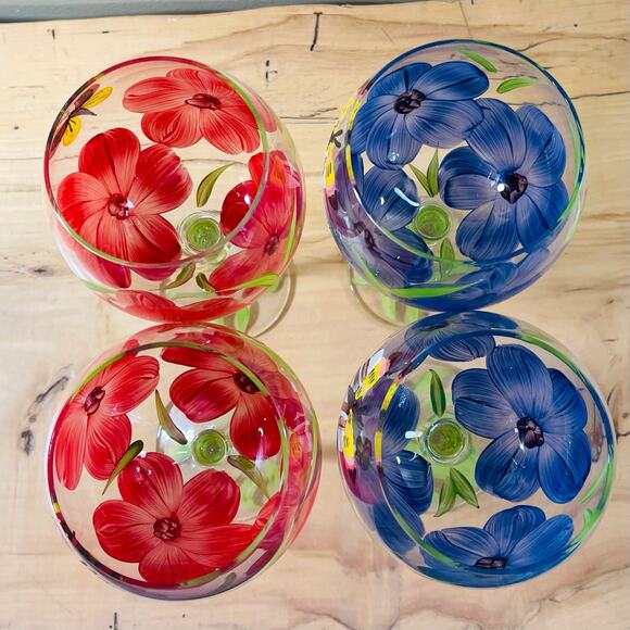 4 Vtg Hand-Painted Flower Butterfly Wine Glasses Goblets Floral Set Glass Water - Picture 8 of 11